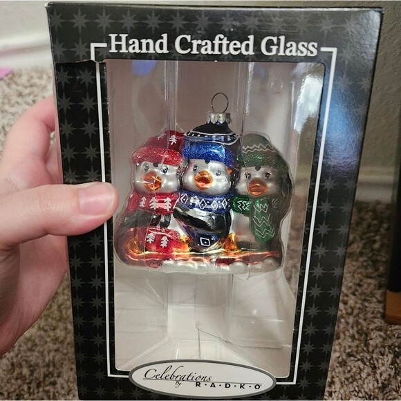 Christopher Radko Celebrations Three Winter Penguins Sled Blown Glass Ornament - Picture 1 of 8